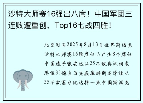 沙特大师赛16强出八席！中国军团三连败遭重创，Top16七战四胜！